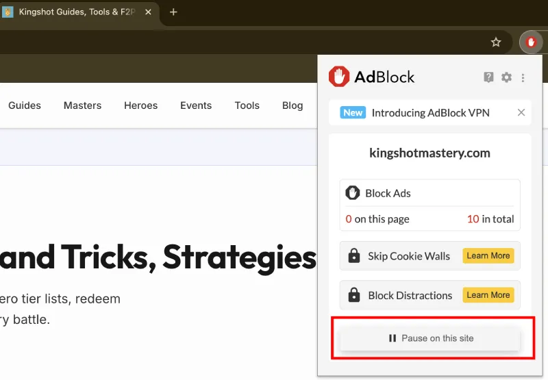 AdBlock extension menu with the Pause on this site option highlighted for lordrushmastery.com